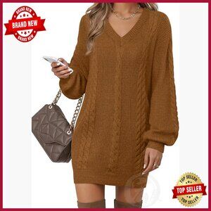 V-Neck Lantern Sleeve Pullover Sweater Dress Fall Winter Knit Mini Dress